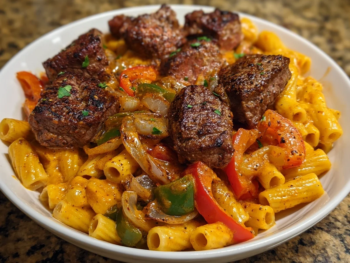 Cajun Steak Tips with Cheesy Rigatoni Dinner - Image 1