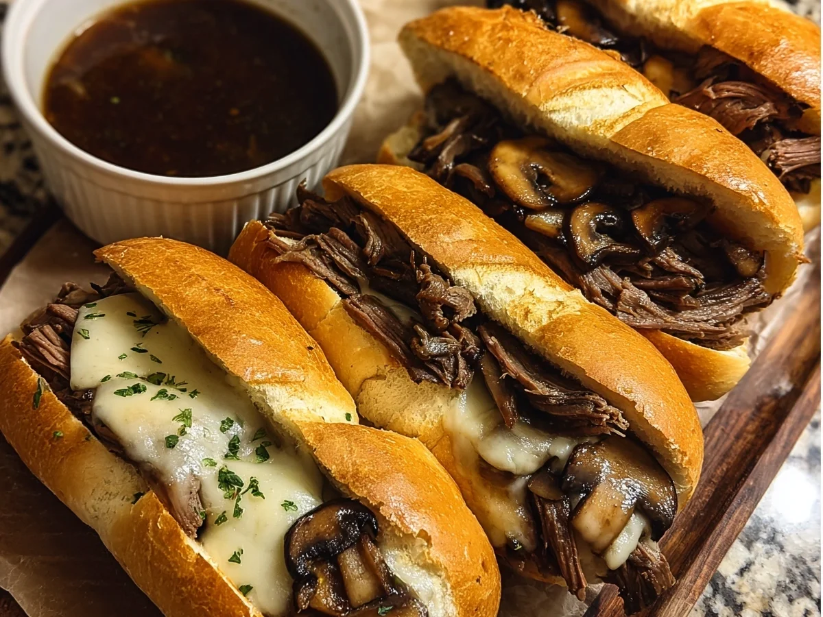 Slow Cooker French Dip Sandwiches with Garlic Mushrooms - Image 1