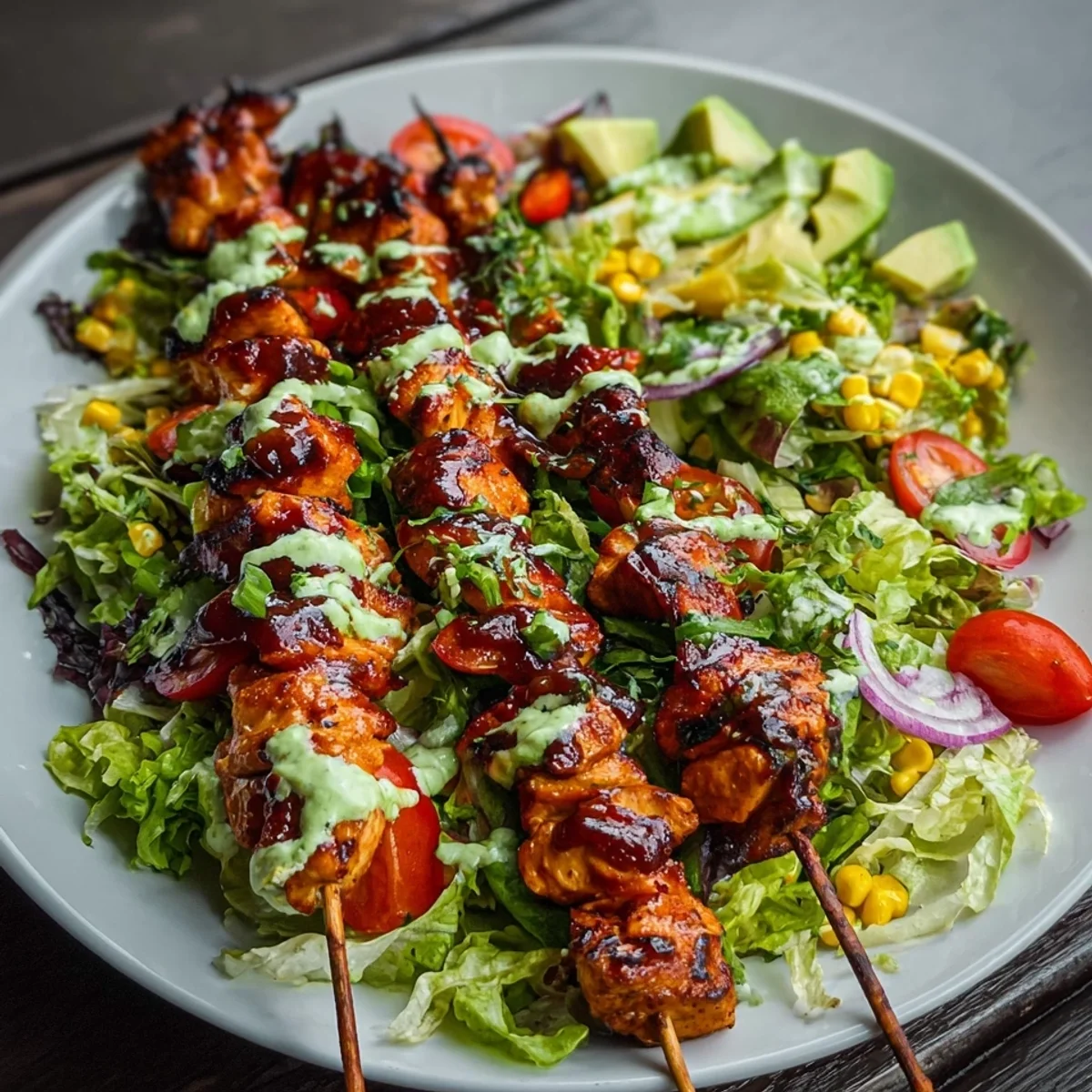 BBQ Chicken Skewer Salad with Creamy Avocado Dressing