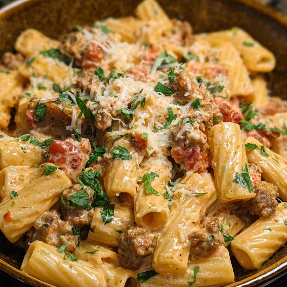 Creamy Beef Sausage Rigatoni Pasta Dinner