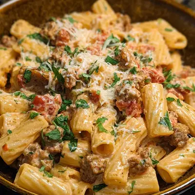 Creamy Beef Sausage Rigatoni Pasta Dinner