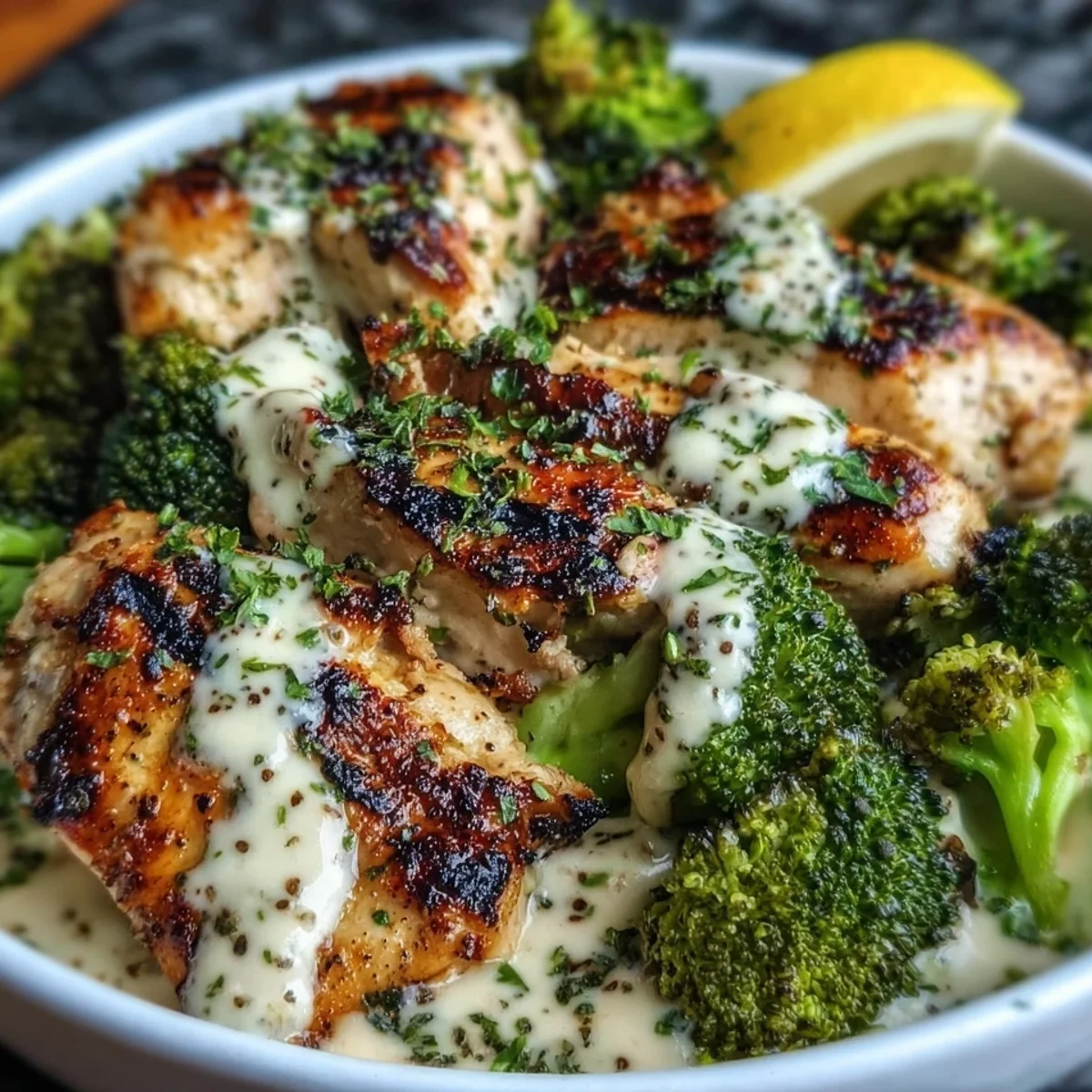 Grilled Chicken Broccoli Bowls with Creamy Garlic Sauce