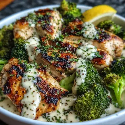 Grilled Chicken Broccoli Bowls with Creamy Garlic Sauce
