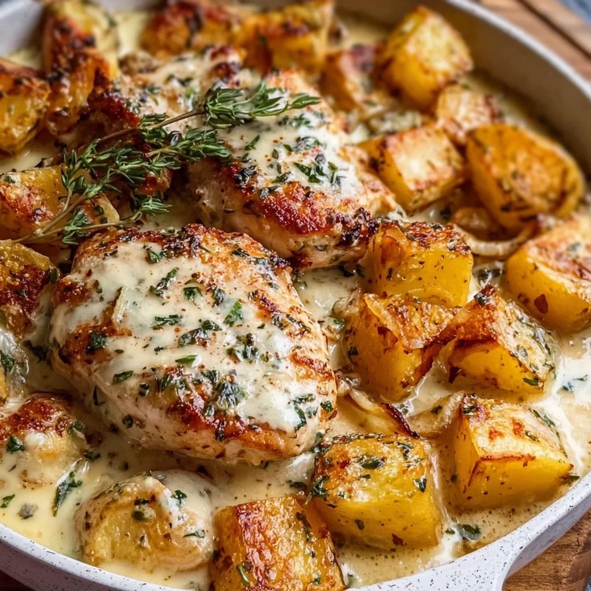 High-Protein Creamy Garlic Cheesy Chicken & Potatoes