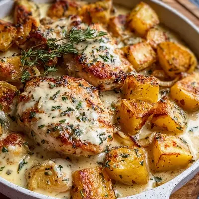 High Protein Creamy Garlic Cheesy Chicken & Potatoes
