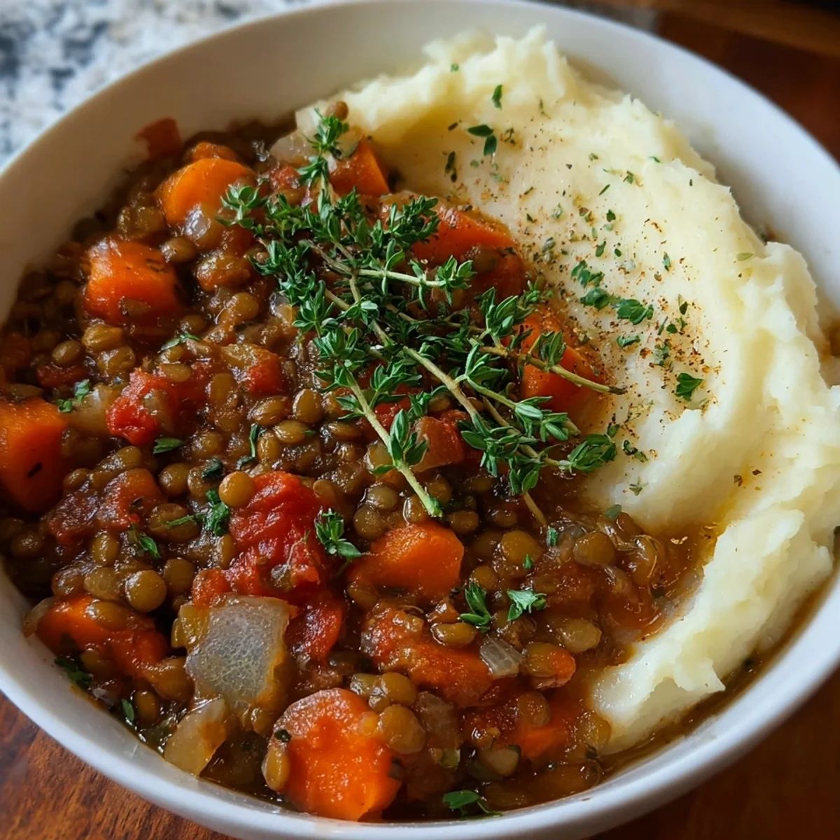 High Protein Lentil Stew with Creamy Mashed Potatoes