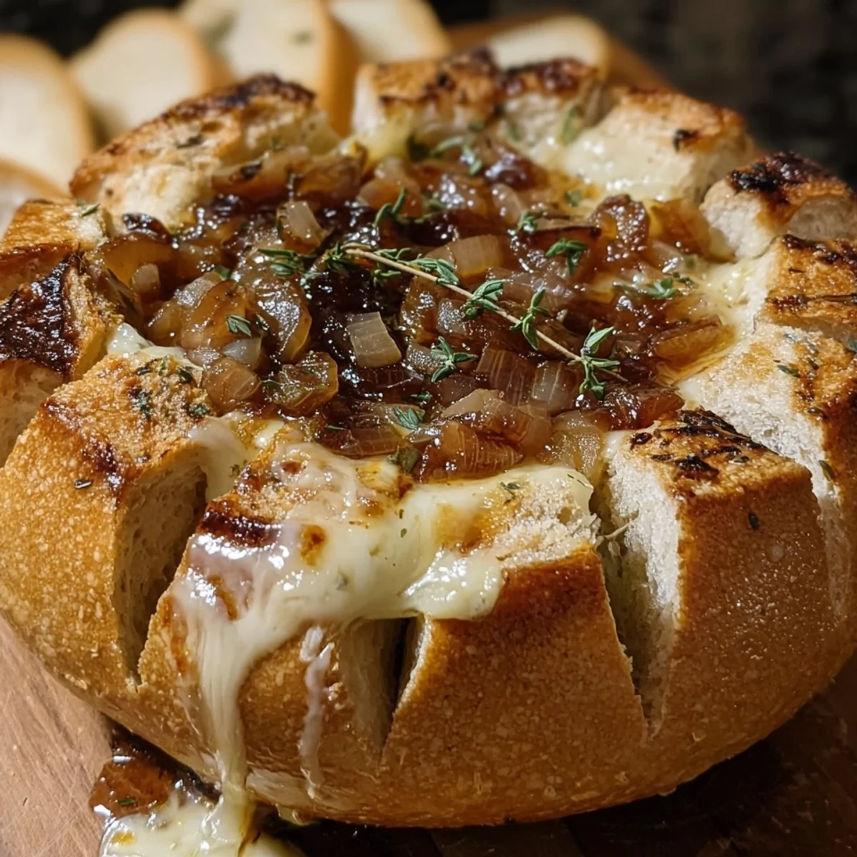Hot Honey Baked Brie Bread Bowl with Caramelized Onions