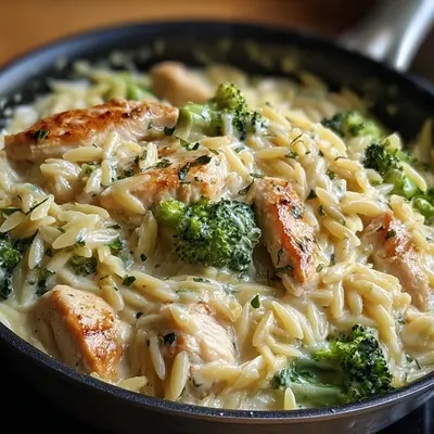 One-Pan Cheesy Chicken Broccoli Orzo Skillet