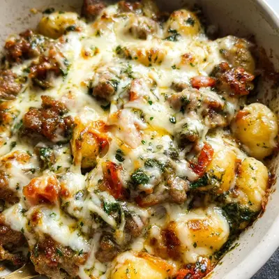 Pesto Beef Sausage Gnocchi Bake