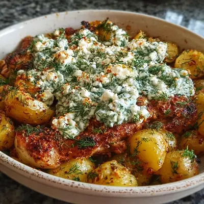 Spicy Yogurt Chicken with Dill Feta & Roasted Potatoes