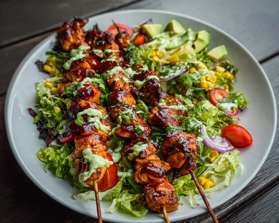 BBQ Chicken Skewer Salad with Creamy Avocado Dressing