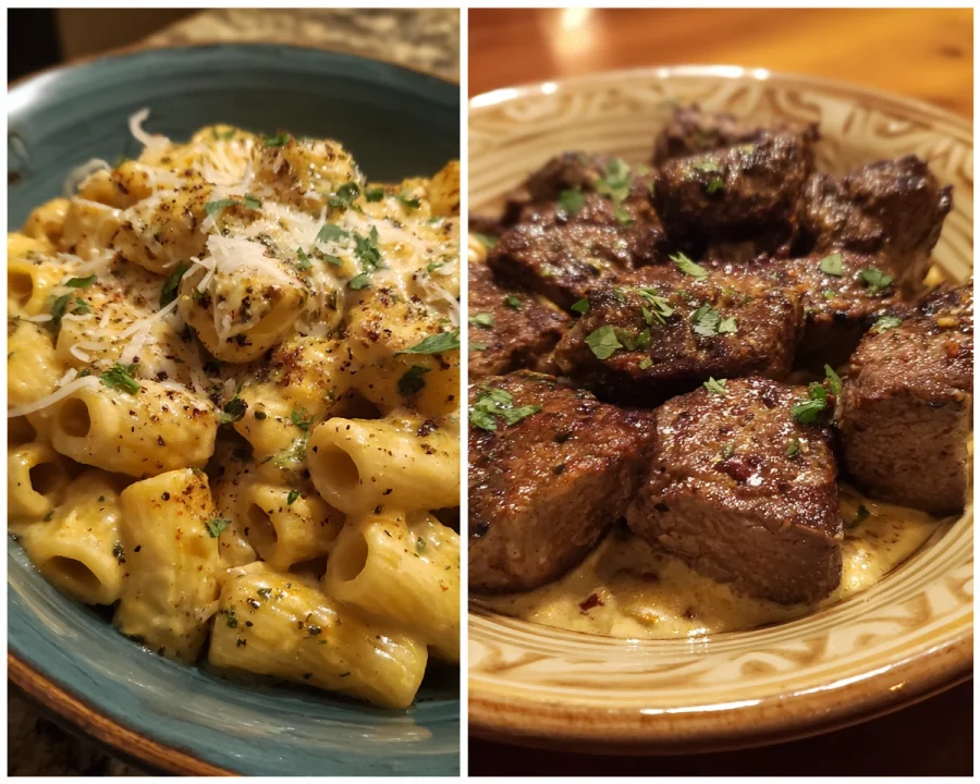 Cajun Steak Tips & Cheesy Rigatoni Parmesan Sauce