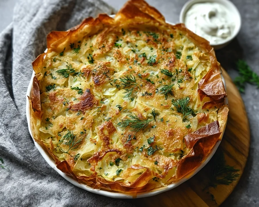 Crispy Cabbage Pie with Zesty Dill Cream Sauce
