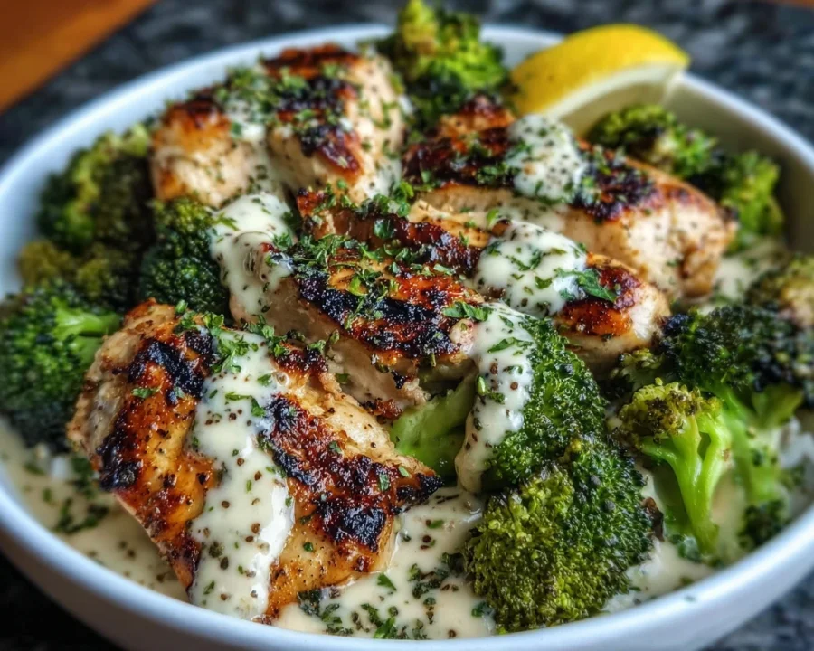 Grilled Chicken Broccoli Bowls with Creamy Garlic Sauce