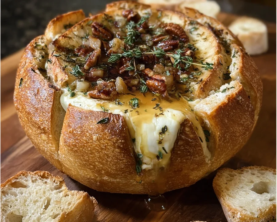 Hot Honey Baked Brie Bread Bowl Appetizer