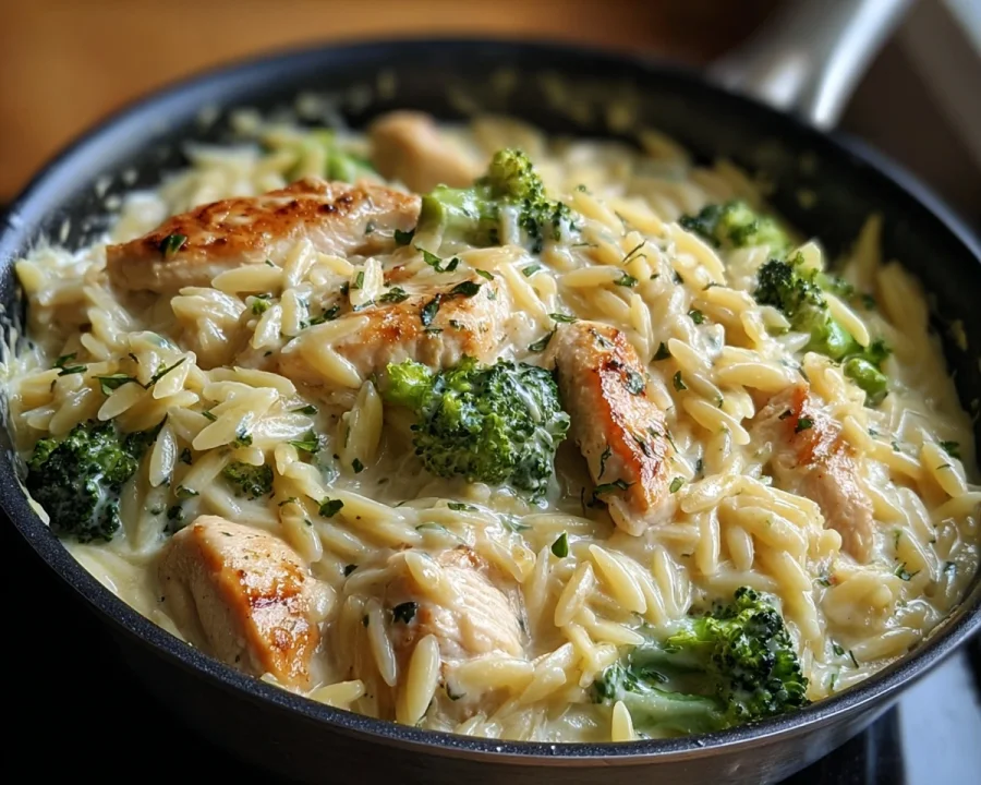 One-Pan Cheesy Chicken Broccoli Orzo Skillet