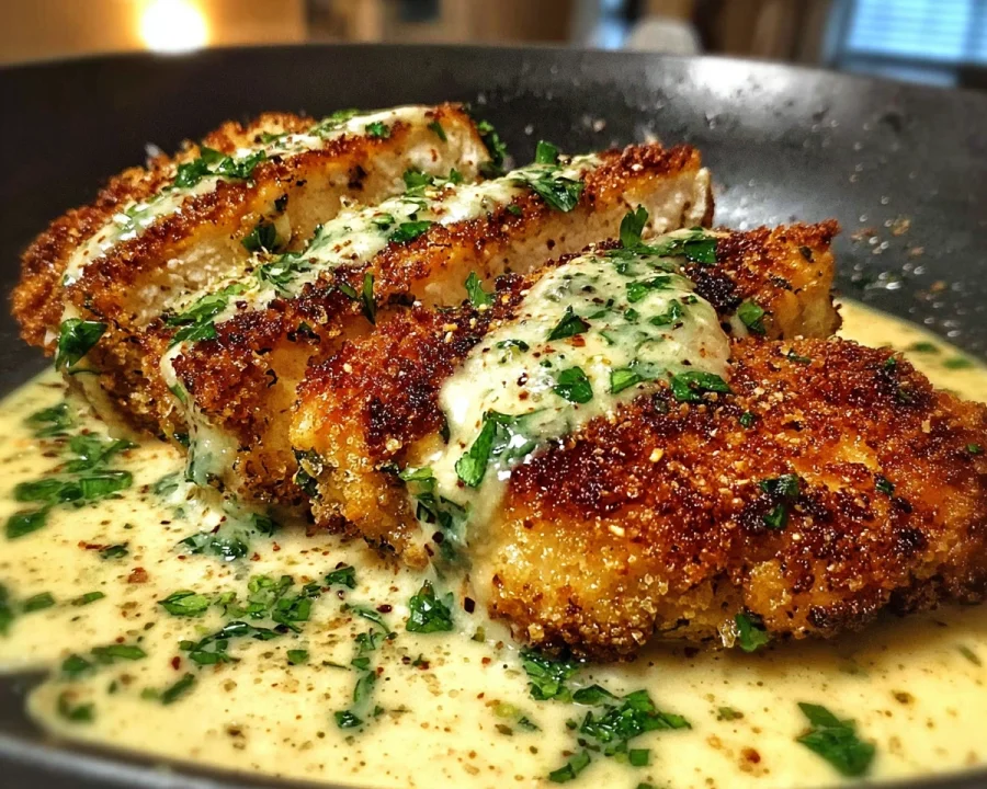 Parmesan Crusted Chicken with Creamy Garlic Sauce