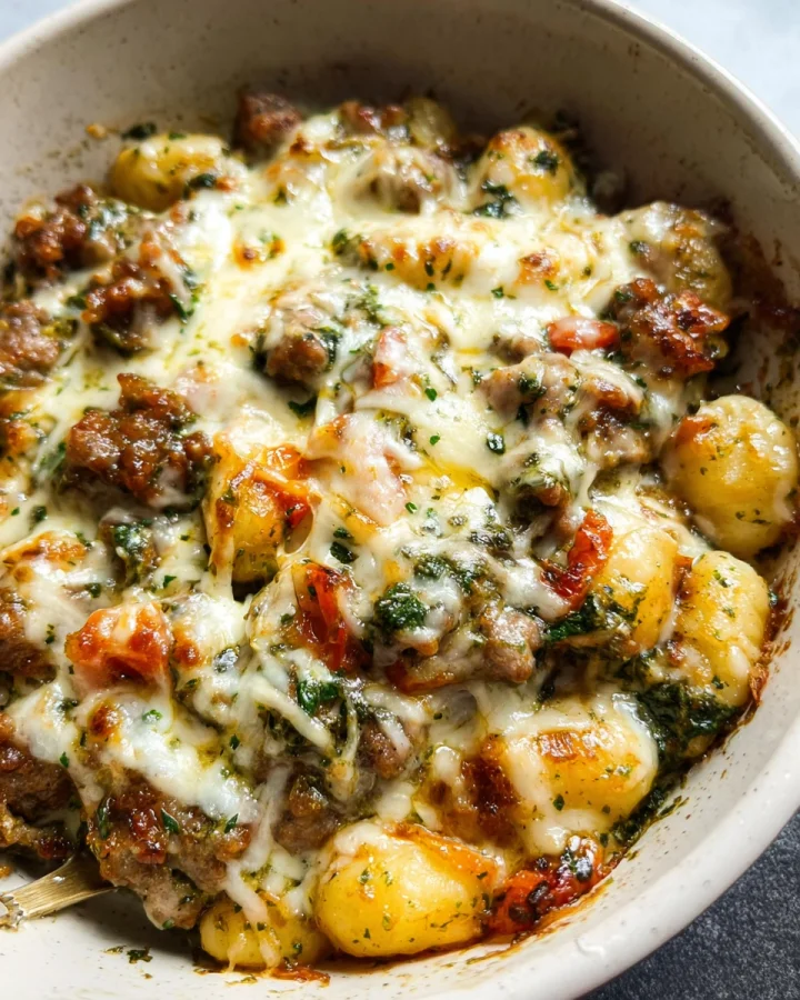 Pesto Beef Sausage Gnocchi Bake