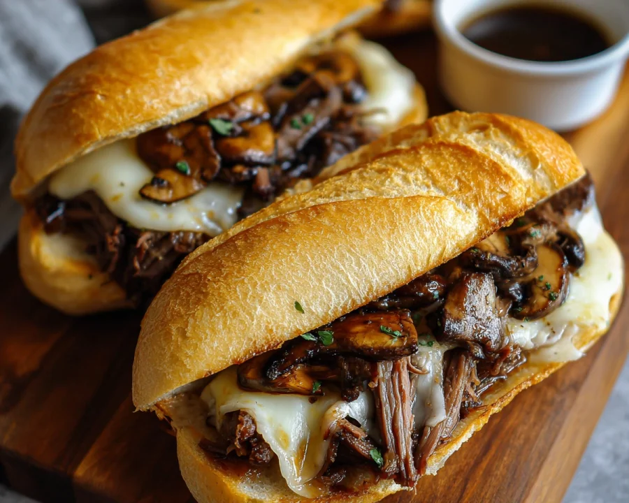 Slow Cooker French Dip Sandwiches with Garlic Mushrooms