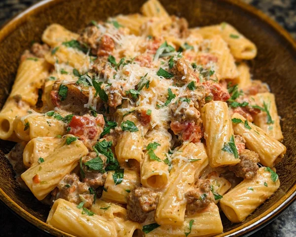 Creamy Beef Sausage Rigatoni Pasta Dinner