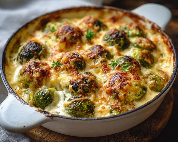 Easy Creamy Cheesy Brussels Sprouts Bake