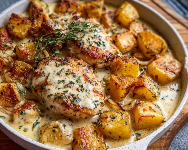 High Protein Creamy Garlic Cheesy Chicken & Potatoes