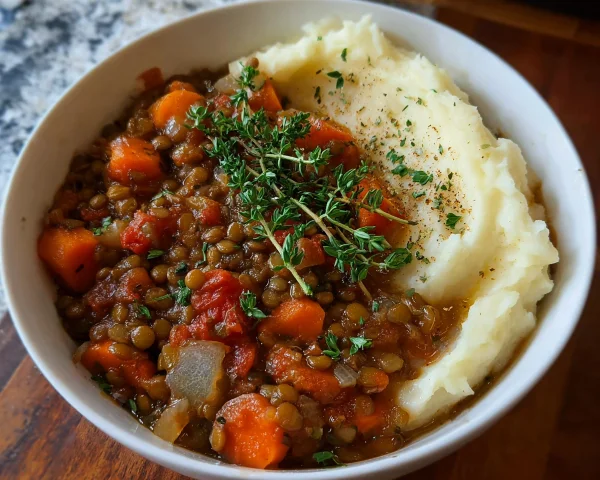 High Protein Lentil Stew with Creamy Mashed Potatoes