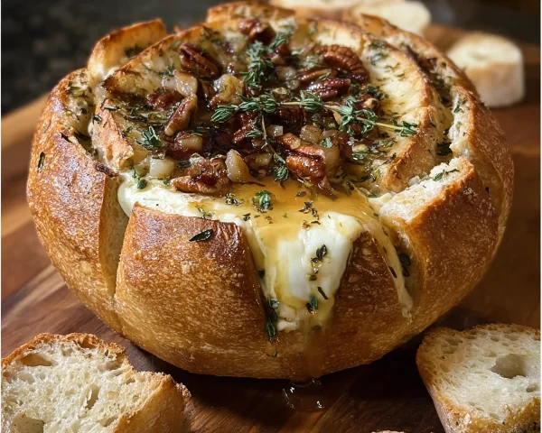 Hot Honey Baked Brie Bread Bowl Appetizer