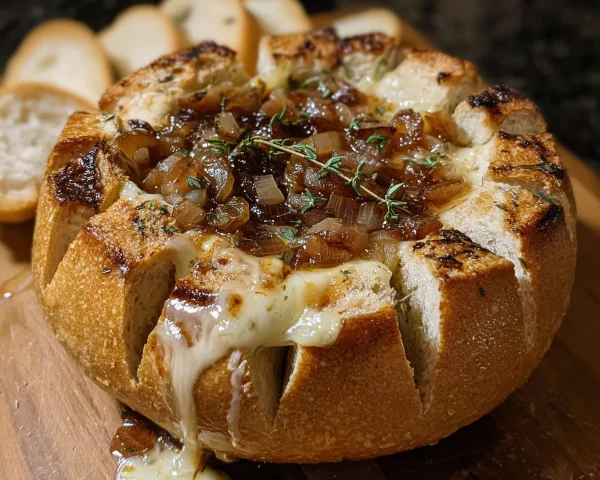 Hot Honey Baked Brie Bread Bowl with Caramelized Onions