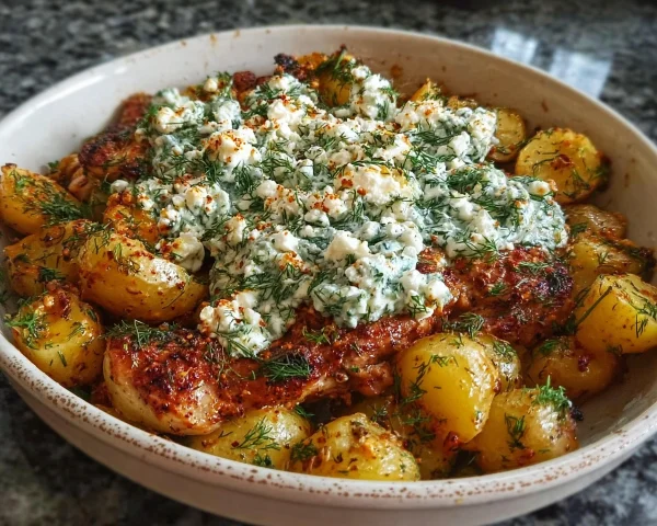 Spicy Yogurt Chicken with Dill Feta & Roasted Potatoes